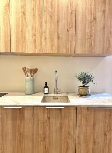 Una cocina con gabinetes de madera y un fregadero. en l'Alceste, en La Ciotat