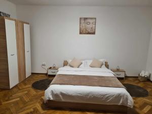 a bedroom with a large bed with a picture on the wall at Madalina's House in Braşov