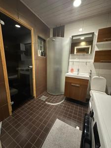 a small kitchen with a refrigerator and a sink at River landscape close to the centre, Himos 8km in Jämsä