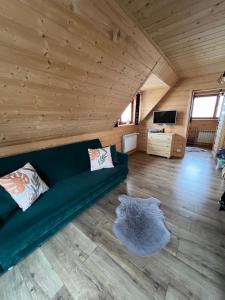 a living room with a green couch and a tv at Domki na Stoku in Czarna Góra
