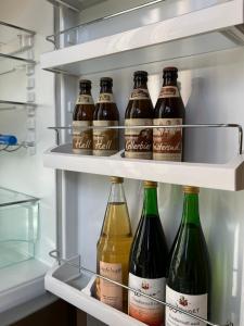 a refrigerator filled with bottles of wine at ARTvacanza Neustadt in Neustadt an der Weinstraße