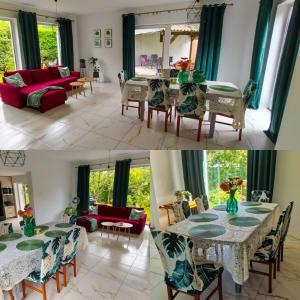 a living room with a table and a dining room at Domek Chrzanówka in Kudowa-Zdrój