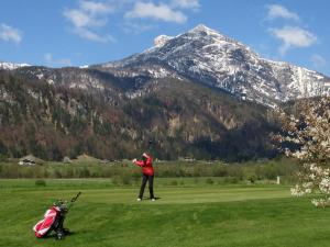 uma pessoa a jogar golfe com uma montanha coberta de neve ao fundo em Gut Hanneshof em Erpfendorf