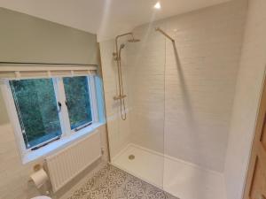 ein Badezimmer mit Dusche und Toilette und einem Fenster in der Unterkunft Trillis Cottage in Sapperton