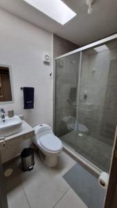 a bathroom with a shower and a toilet and a sink at Casa Acapulco Playa Bonfil in Acapulco