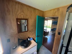 a bathroom with a sink and a green door at Little Sister - Little Bay, Coromandel in Tuateawa +9 photos