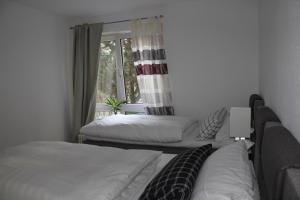 two beds in a room with a window at Apartment Schiller in Lörrach