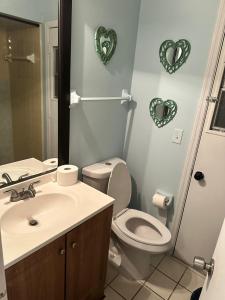a bathroom with a toilet and a sink and a mirror at Private Studio in Kissimmee