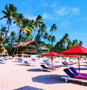 a beach with chairs and umbrellas and palm trees at French garden Pragash Beach Hotel in Trincomalee