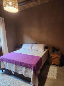 a bedroom with a large bed with a purple blanket at La Gauda in Huacalera