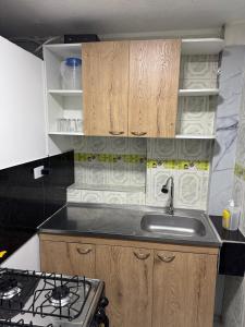 eine Küche mit Spüle und Herd oberen Backofen in der Unterkunft AlojamientoEl Doradoairport in Bogotá