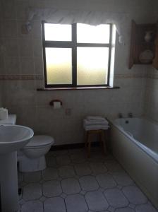 y baño con aseo, bañera y lavamanos. en Riverlodge Self Catering, en Kenmare