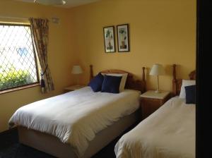 a bedroom with two beds and a window at Riverlodge Self Catering in Kenmare