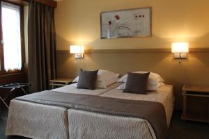een hotelkamer met een groot bed met 2 kussens bij Auberge des Trois Châteaux in Eguisheim