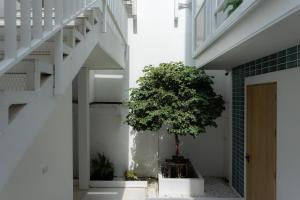 un arbre dans une cour à côté d'un escalier dans l'établissement Peaceful Townhouse in Sathorn Near Saint Louis BTS, à Yan Nawa