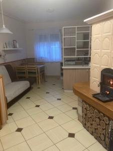 a kitchen and living room with a couch and a stove at Platán Apartman in Marcali