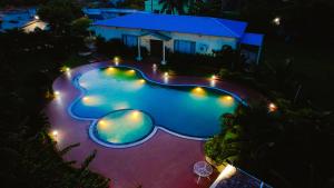 an overhead view of a swimming pool at night at Chanakya BNR Hotel in Puri