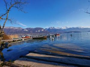 a lake with boats in the water and mountains at Entre lac et montagne in Sévrier