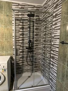 a shower with a glass enclosure in a bathroom at Casa Valentino in Buşteni
