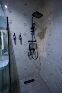 a shower in a bathroom with two lights on the wall at Ringruby Hotel, Oduduwa Way in Ikeja
