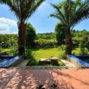 Blick auf einen Park mit Palmen und einem Pool in der Unterkunft The Cottage Hồ Tràm - Venuestay in Thuận Biên