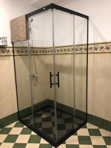 a shower stall in a room with a checkered floor at Casa Callejita del Clavel in Zafra +19 photos