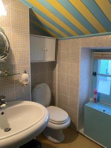 a bathroom with a white toilet and a sink at Charmant duplex vue sur montagne in Le Broc