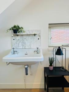 Un baño con un lavabo blanco y un espejo. en Zomerhuis - Gratis parkeren!, en Noordwijk aan Zee