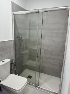 ein Badezimmer mit Glasdusche und WC in der Unterkunft Kleines gemütliches Studio 1 in La Listada