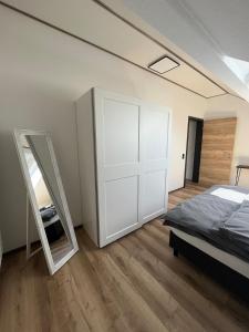 a bedroom with a bed and a mirror at Haus Mariechen 5-Sterne-DTV-Ferienwohnung in der Nähe zum Silbersee mit Balkon & Sauna in Frielendorf