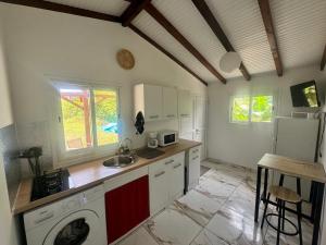 a kitchen with a sink and a washing machine at Bien venu Miss' K in Anse-Bertrand