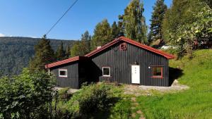 a black shed with a red roof on a hill at FourGotten in Sel