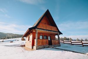 RibnicaIskrin breg的雪中带围栏的小木屋