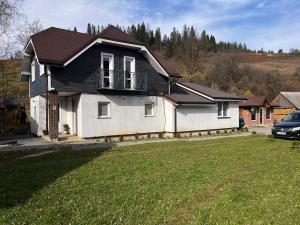 a white house with a black roof and a yard at Vinor Cottage in Volosyanka