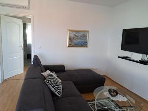 a living room with a couch and a glass table at Apartments Pink house in Povljana