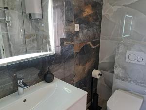a bathroom with a sink and a toilet and a mirror at Apartments Pink house in Povljana +16 photos