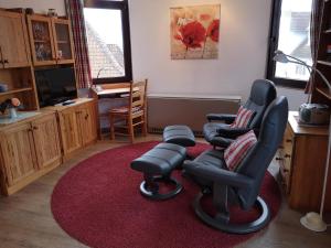 a living room with two chairs and a television at Lindenhof Wohnung 20 in Dahme