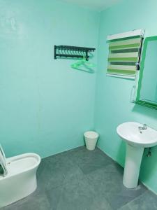 a bathroom with a sink and a toilet and a tub at Divine's Cabin, Fully Airconditioned! in Tacondo