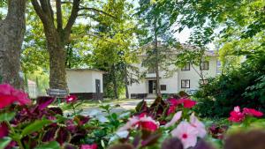 a white house with pink flowers in front of it at Sirály in Balatonlelle