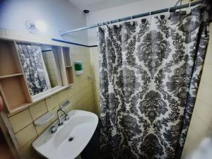 baño con cortina de ducha en blanco y negro y lavamanos en Hostal La Pachamama, en Salta 53 fotos más