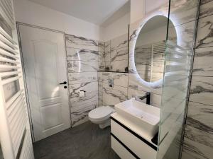 a bathroom with a toilet and a sink and a mirror at Apartament Posada in Curtea de Argeş