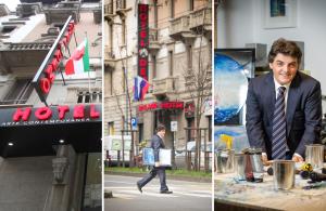 a man is walking down the street with a skateboard at Hotel Demo' in Milan