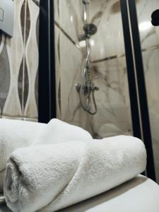 y baño con ducha y toallas blancas. en Sefa Deluxe Old City, en Estambul