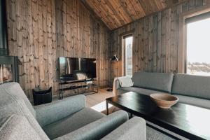 a living room with two couches and a television at Modern Mountain Cabin - Outdoor Hot Tub - 8 Beds in Torpo