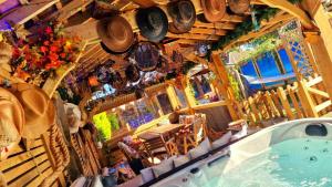 an overhead view of a house with a swimming pool at Beresford Cottage in Skegness