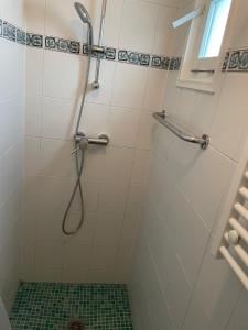 a shower with a hose in a bathroom at Beachhouse De Dahlia in Noordwijk aan Zee