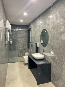 a bathroom with a sink and a toilet and a mirror at Hotel Ratan Elite in Bijainagar +20 photos