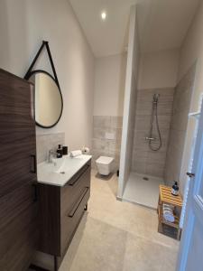 a bathroom with a sink and a shower and a toilet at Le Studio des "Caves de la Tour du Roy" in Saint-Émilion +17 photos
