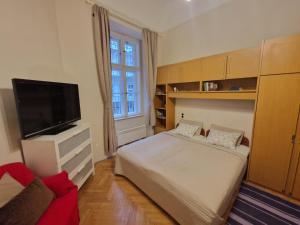 Un dormitorio con una cama y un televisor de pantalla plana. en M Apartments - Downtown, en Budapest