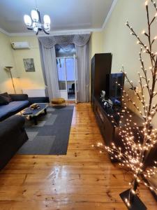 a living room with a couch and a christmas tree at Riverside Baratashvili Apartment in Tbilisi City